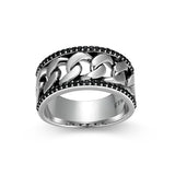 Links Genuine Black Sapphire Framed Cuban Chain Band Ring in Oxidized Rhodium-Plated Sterling Silver