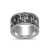 Links Genuine Black Sapphire Pave Cuban Chain Band Ring in Oxidized Rhodium-Plated Sterling Silver