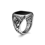 Chisel Rhodium Plated Black Agate Cushion Ring - UR01