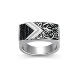 Chisel & Chevron Genuine Black Sapphire Ring in Rhodium-Plated Sterling Silver