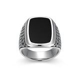 Reptile Design Black Agate Signet Ring in Rhodium-Plated Sterling Silver