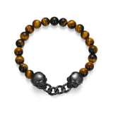 Dark Reign Skull Rondelle Cuban Chain Tiger's Eye Beaded Bracelet in Gunmetal-Plated Sterling Silver