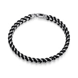 Italian Chain Rhodium Plated Round Box Chain with Black Leather Bracelet - 7.75" - UB0005S