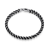 Italian Chain Rhodium Plated Round Box Chain with Black Leather Bracelet - 8.5" - UB0005M