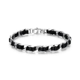 Italian Chain Rhodium Plated Curb Chain with Black Leather Bracelet - 7.75" - UB0006S