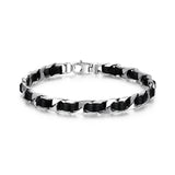 Italian Chain Rhodium Plated Curb Chain with Black Leather Bracelet - 8.5" - UB0006M