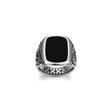 Chisel Rhodium Plated Black Agate Cushion Ring - UR01