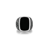 Chisel Rhodium Plated Black Agate Cushion Ring - UR01