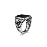 Chisel Rhodium Plated Black Agate Cushion Ring - UR01