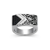 Chisel & Chevron Genuine Black Sapphire Ring in Rhodium-Plated Sterling Silver